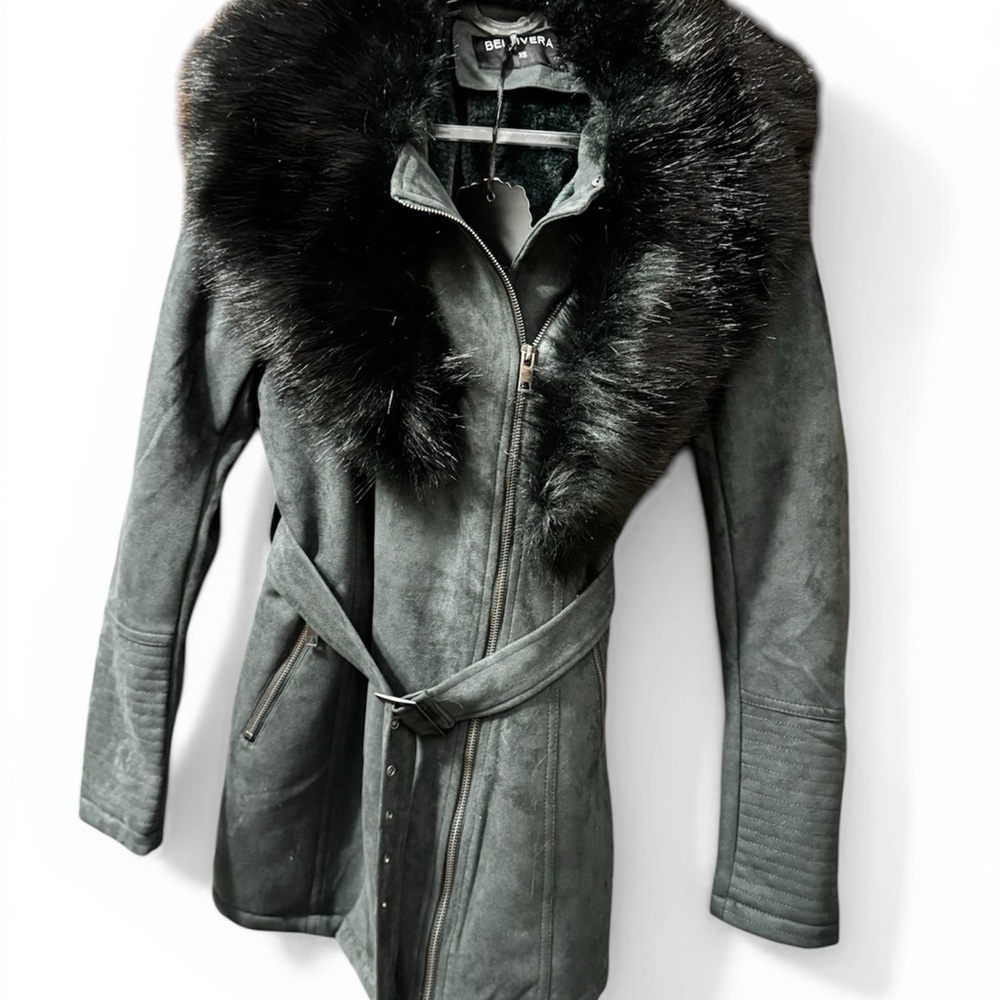 Riviera Black Suede Trench Coat with Faux Fur Collar